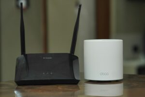 A consumer-grade router and modem.